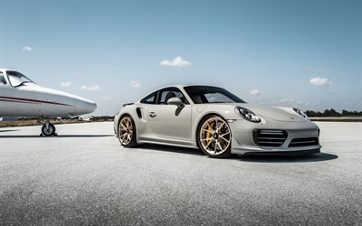 Porsche 911 Turbo S, 2018, VAG, gray sports coupe, supercar, tuning 911, bronze wheels, aerodrome, German sports cars, Porsche