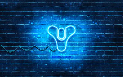Destiny blue logo, 4k, blue brickwall, Destiny logo, marcas de juegos, Destiny neon logo, Destiny