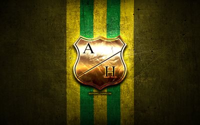 Atletico Huila FC, logo dorato, Categoria Primera A, sfondo di metallo giallo, calcio, squadra di calcio colombiana, logo Atletico Huila, Atletico Huila
