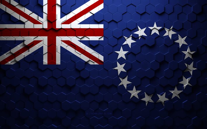 Bandeira das Ilhas Cook, arte do favo de mel, bandeira dos hex&#225;gonos das Ilhas Cook, Ilhas Cook, arte dos hex&#225;gonos 3D, bandeira das Ilhas Cook