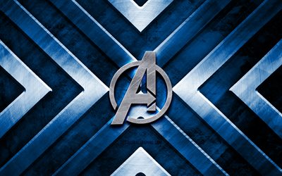 Logo en m&#233;tal Avengers, 4K, fond en m&#233;tal bleu, fl&#232;ches en m&#233;tal, logo Avengers, super-h&#233;ros, cr&#233;atif, Avengers