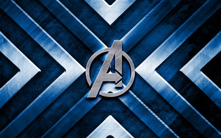 Logo in metallo Avengers, 4K, sfondo blu in metallo, frecce in metallo, logo Avengers, supereroi, creativi, Avengers