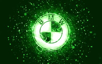 Logo verde BMW, 4K, luci al neon verdi, creativo, sfondo astratto verde, logo BMW, marche di automobili, BMW