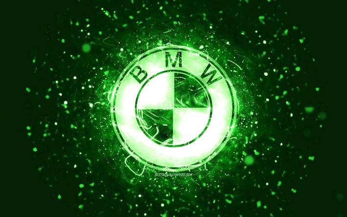 BMW green logo, 4k, green neon lights, creative, green abstract background, BMW logo, cars brands, BMW