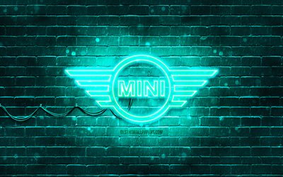 Mini turquoise logo, 4k, turquoise brickwall, Mini logo, cars brands, Mini neon logo, Mini