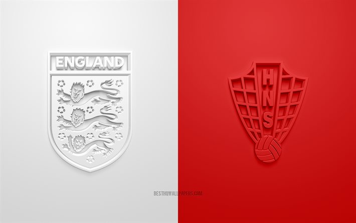 England vs Kroatien, UEFA Euro 2020, Grupp A, 3D-logotyper, r&#246;d vit bakgrund, Euro 2020, fotbollsmatch, Englands fotbollslandslag, Kroatiens fotbollslandslag