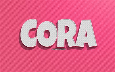 Cora, pink lines background, wallpapers with names, Cora name, female names, Cora greeting card, line art, picture with Cora name