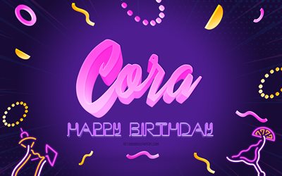 Happy Birthday Cora, 4k, Purple Party Background, Cora, creative art, Happy Cora birthday, Cora name, Cora Birthday, Birthday Party Background