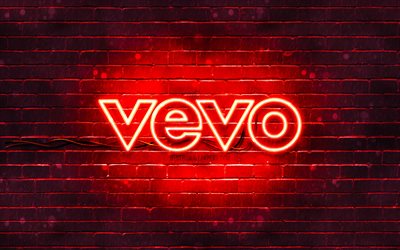 Vevo red logo, 4k, red brickwall, Vevo logo, brands, Vevo neon logo, Vevo