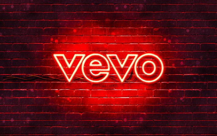 Logo rouge Vevo, 4k, brickwall rouge, logo Vevo, marques, logo n&#233;on Vevo, Vevo