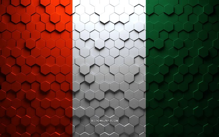 Drapeau de la C&#244;te d&#39;Ivoire, art en nid d&#39;abeille, drapeau des hexagones de C&#244;te d&#39;Ivoire, C&#244;te d&#39;Ivoire, art des hexagones 3D, drapeau de la C&#244;te d&#39;Ivoire