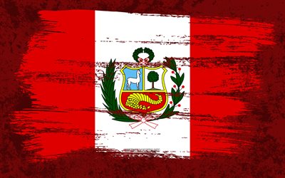 4k, Flag of Peru, grunge flags, South American countries, national symbols, brush stroke, Peruvian flag, grunge art, Peru flag, South America, Peru