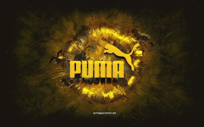 Logo Puma, art grunge, fond de pierre jaune, logo jaune Puma, Puma, art cr&#233;atif, logo jaune Puma grunge
