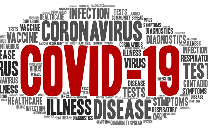 Covid-19, tipografi, kelime bulutu, Covid-19 etiketleri, Coronavirus, Covid-19 tipografi