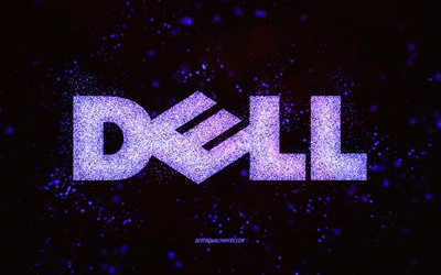 Logotipo com glitter da Dell, fundo preto, logotipo da Dell, arte com glitter roxo, Dell, arte criativa, logotipo com glitter roxo da Dell