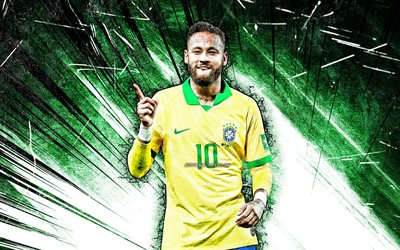 4k, Neymar, grunge art, Brazil National Team, soccer, footballers, green neon lights, Neymar da Silva Santos Junior, green abstract rays, Brazilian football team, Neymar 4K