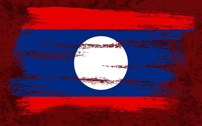 4k, Flag of Laos, grunge flags, Asian countries, national symbols, brush stroke, Laotian flag, grunge art, Laos flag, Asia, Laos
