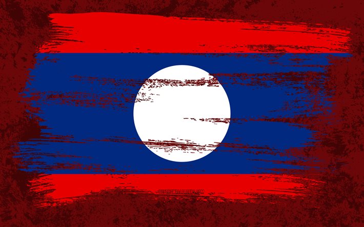 4k, Bandeira do Laos, bandeiras do grunge, pa&#237;ses asi&#225;ticos, s&#237;mbolos nacionais, pincelada, bandeira do Laos, arte do grunge, &#193;sia, Laos