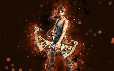 Lara Croft, 4k, brown neon lights, Fortnite Battle Royale, Fortnite characters, Lara Croft Skin, Fortnite, Lara Croft Fortnite