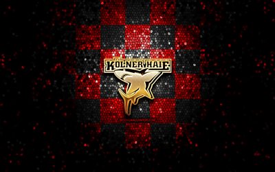 Kolner Haie, glitter logo, DEL, red black checkered background, hockey, german hockey team, Kolner Haie logo, mosaic art, Deutsche Eishockey Liga, german hockey league