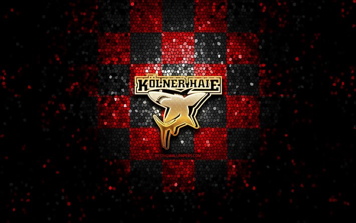 Kolner Haie, logo glitter, DEL, sfondo a scacchi nero rosso, hockey, squadra di hockey tedesca, logo Kolner Haie, arte del mosaico, Deutsche Eishockey Liga, campionato tedesco di hockey
