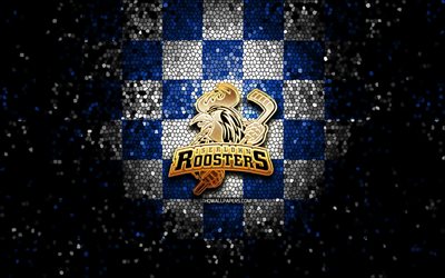 Iserlohn Roosters, glitter logo, DEL, blue white checkered background, hockey, german hockey team, Iserlohn Roosters logo, mosaic art, Deutsche Eishockey Liga, german hockey league