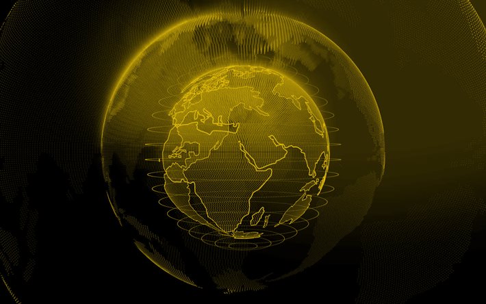 黄色のデジタルグローブ, 黄色のデジタル背景, テクノロジーネットワーク, グローバルネットワーク, ドットグローブシルエット, デジタル回路, 黄色の技術の背景, ワールドマップ