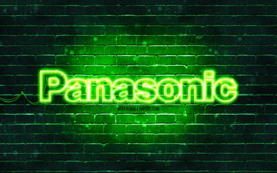 Panasonic green logo, 4k, green brickwall, Panasonic logo, brands, Panasonic neon logo, Panasonic