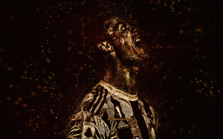 Cristiano Ronaldo, CR7, Juventus FC, golden glitter art, Portuguese footballer, black background, creative art, football
