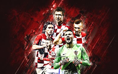 Sele&#231;&#227;o croata de futebol, fundo de pedra vermelha, Cro&#225;cia, futebol, Luka Modric, Ivan Perisic, Mario Mandzukic