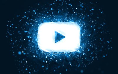 youtube blaues logo, 4k, blaue neonlichter, soziales netzwerk, kreativ, blauer abstrakter hintergrund, youtube-logo, youtube