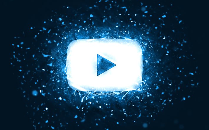 Logo blu di Youtube, 4K, luci al neon blu, social network, creativo, sfondo astratto blu, logo di Youtube, Youtube