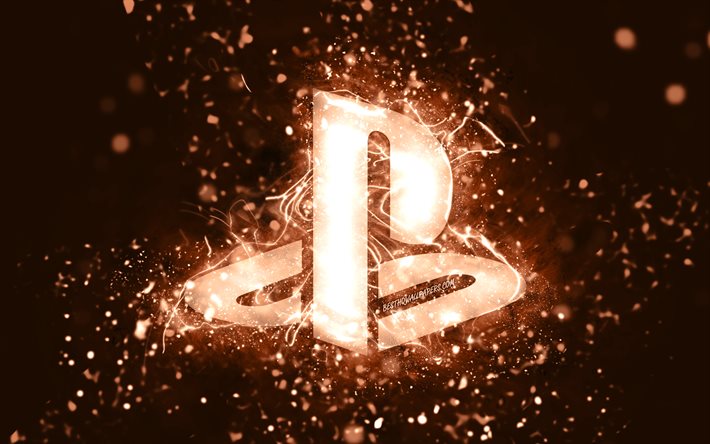 PlayStation kahverengi logosu, 4k, kahverengi neon ışıklar, yaratıcı, kahverengi arka plan, PlayStation logosu, PlayStation