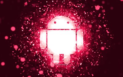Android pink logo, 4k, pink neon lights, creative, pink abstract background, Android logo, OS, Android