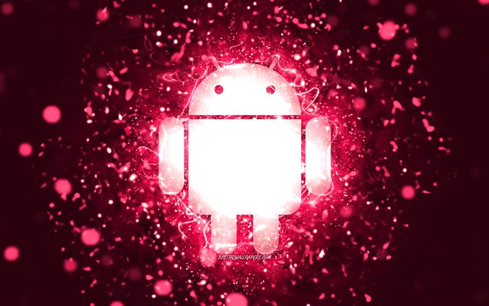 rosa rosa logo, 4k, rosa neonlichter, kreativer, rosa abstrakter hintergrund, android-logo, betriebssystem, android