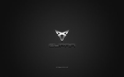 Cupra logo, silver logo, gray carbon fiber background, Cupra metal emblem, Cupra, cars brands, creative art