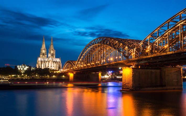كولونيا, جسر هوهنزولرن, كاتدرائية كولونيا, الراين, مساء, غروب الشمس, منظر مدينة كولونيا, ألمانيا