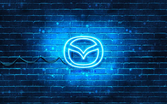 Logo blu Mazda, 4k, muro di mattoni blu, logo Mazda, marchi di automobili, logo neon Mazda, Mazda