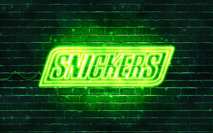 Logotipo da Snickers verde, 4k, parede de tijolos verde, logotipo da Snickers, marcas, logotipo da Snickers neon, Snickers