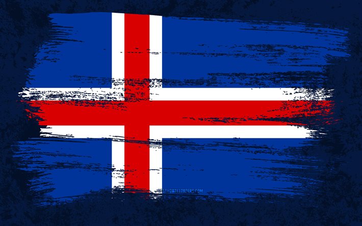 4k, drapeau de l&#39;Islande, drapeaux grunge, pays europ&#233;ens, symboles nationaux, coup de pinceau, drapeau islandais, art grunge, Europe, Islande