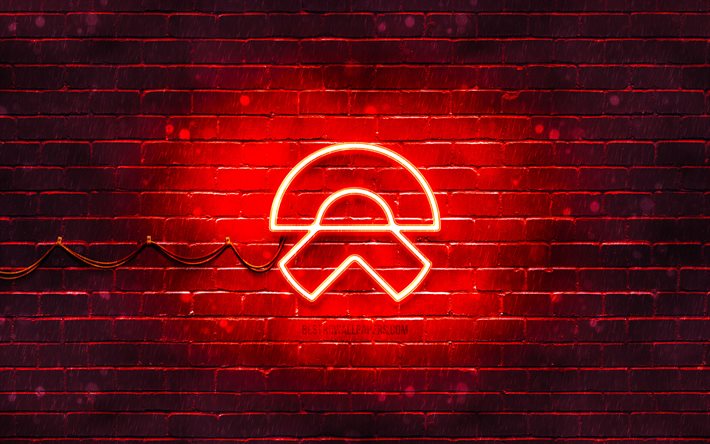 Logo rosso NIO, 4k, muro di mattoni rossi, logo NIO, marchi di automobili, logo neon NIO, NIO