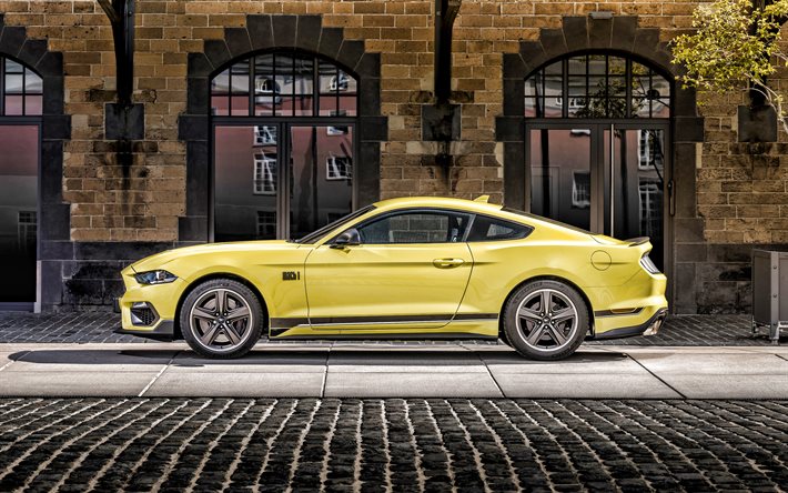 2021, Ford Mustang Mach 1, vue de c&#244;t&#233;, coup&#233; sport jaune, tuning mustang, nouvelle Mustang jaune, voitures de sport am&#233;ricaines, Ford