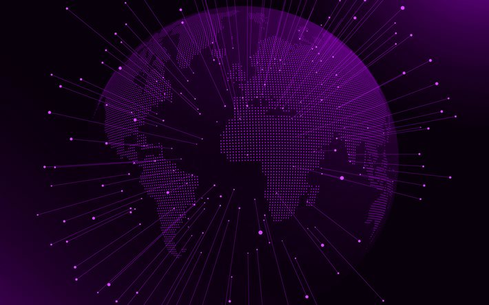 Purple digital globe, Purple digital background, global networks, dots globe silhouette, digital technology, Purple technology background