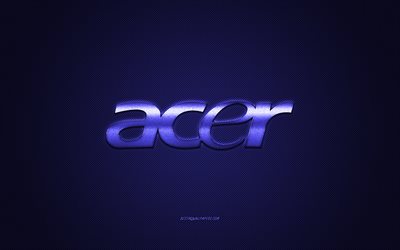 Logo Acer, sfondo blu carbonio, logo Acer in metallo, emblema blu Acer, Acer, struttura carbonio blu