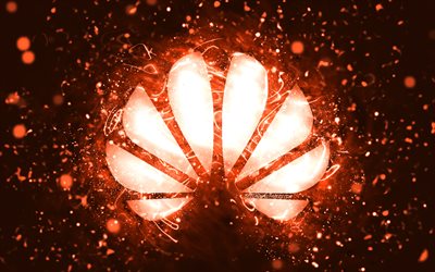 Huawei turuncu logosu, 4k, turuncu neon ışıklar, yaratıcı, turuncu arka plan, Huawei logosu, markalar, Huawei