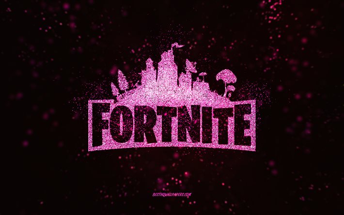 Logotipo da Fortnite com glitter, fundo preto, logo da Fortnite, arte com glitter rosa, Fortnite, arte criativa, logo da Fortnite com glitter rosa