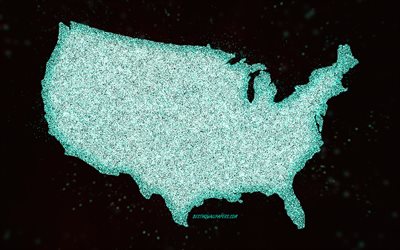 USA glitter map, black background, USA map, turquoise glitter art, Map of USA, creative art, USA turquoise map, USA