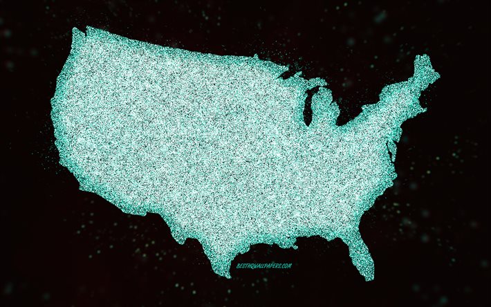 USA glitter karta, svart bakgrund, USA karta, turkos glitter konst, Karta &#246;ver USA, kreativ konst, USA turkos karta, USA