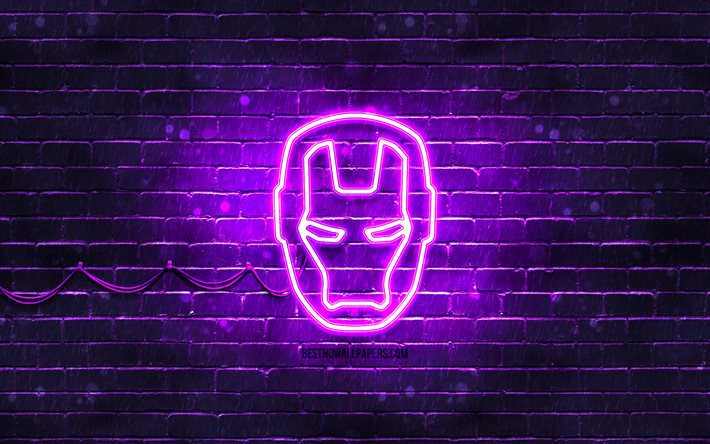 Iron Man menekşe logosu, 4k, mor brickwall, IronMan logosu, Iron Man, s&#252;per kahramanlar, IronMan neon logosu, Iron Man logosu, IronMan