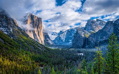 4k, Yosemite Valley, winter, mountain landscape, forest, valley, Yosemite National Park, american landmarks, beautiful nature, Sierra Nevada, USA, America